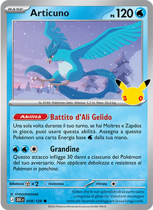 Carta Articuno dell'espansione 30° Anniversario, numero 018/128