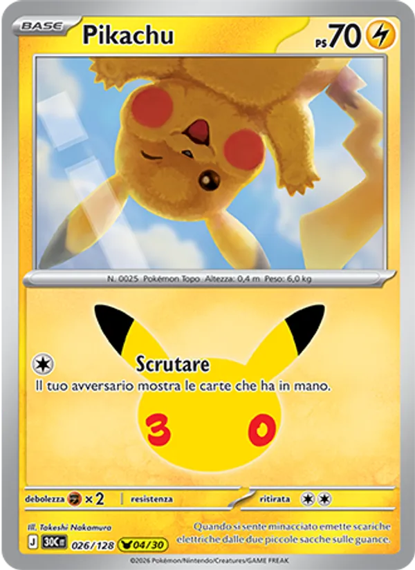 Carta Pikachu dell'espansione 30° Anniversario, numero 026/128