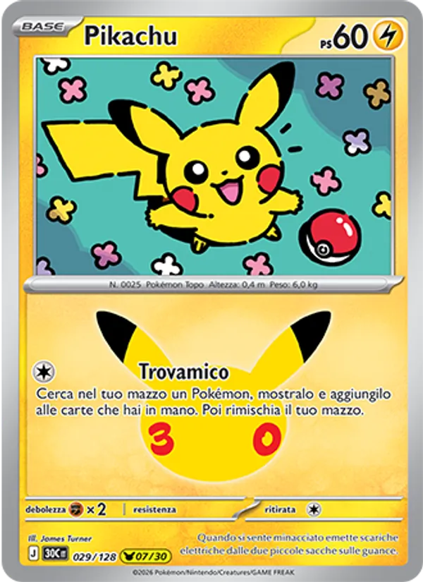 Carta Pikachu dell'espansione 30° Anniversario, numero 029/128
