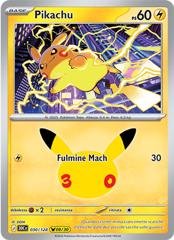 Carta Pikachu dell'espansione 30° Anniversario, numero 030/128