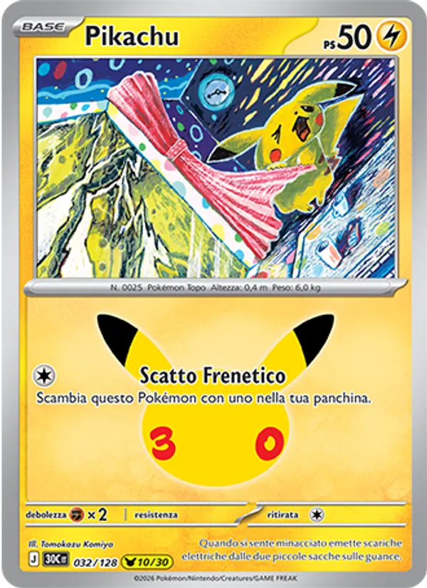 Carta Pikachu dell'espansione 30° Anniversario, numero 032/128