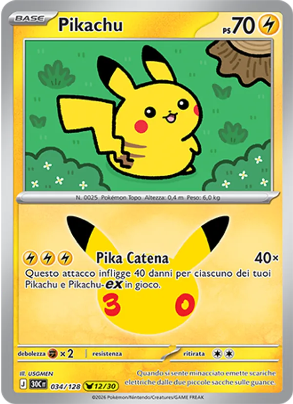 Carta Pikachu dell'espansione 30° Anniversario, numero 034/128