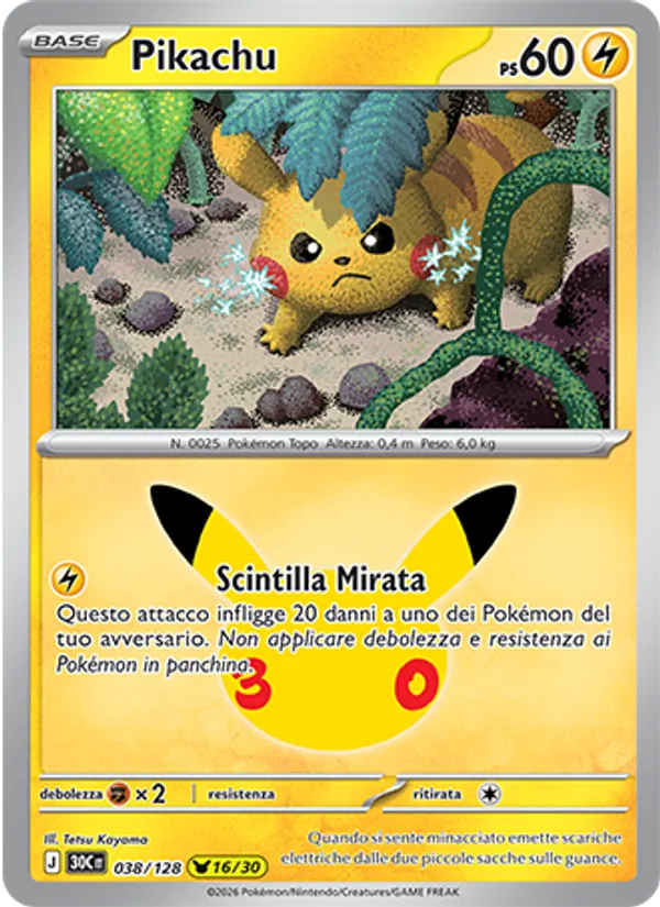 Carta Pikachu dell'espansione 30° Anniversario, numero 038/128