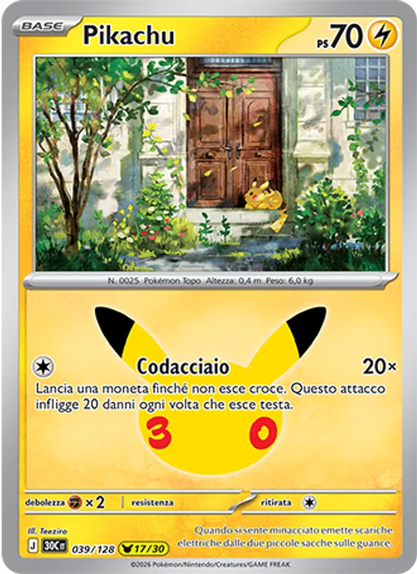 Carta Pikachu dell'espansione 30° Anniversario, numero 039/128