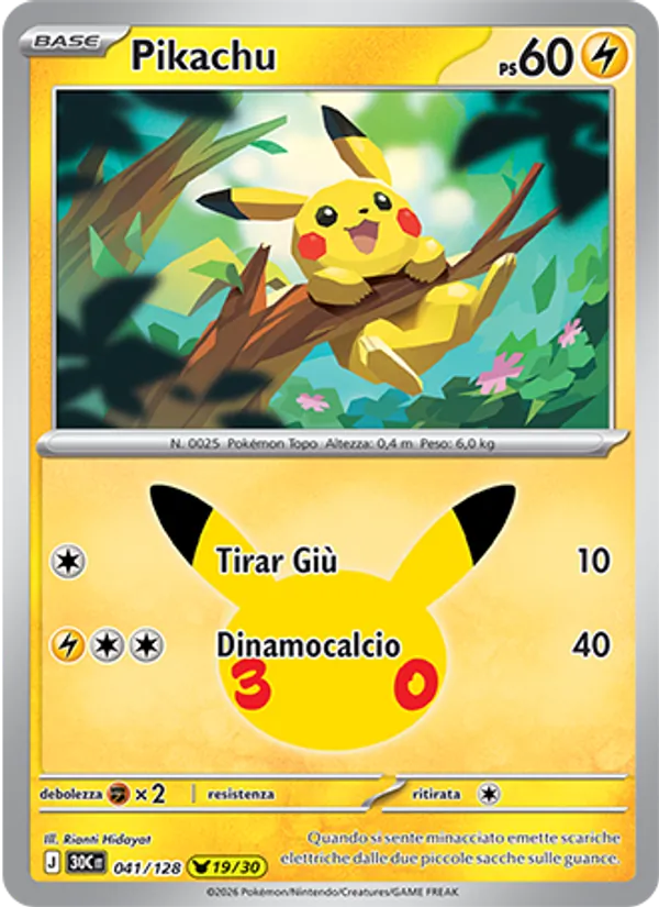 Carta Pikachu dell'espansione 30° Anniversario, numero 041/128