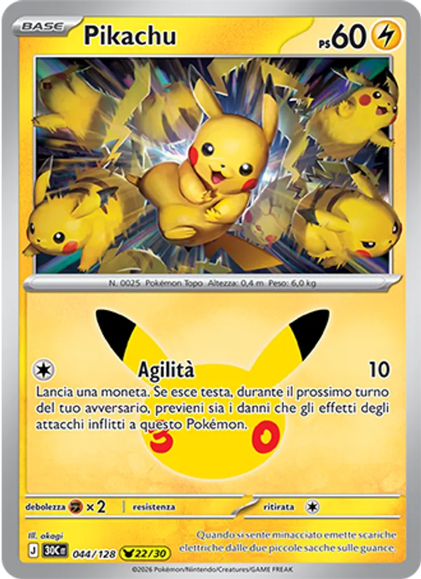 Carta Pikachu dell'espansione 30° Anniversario, numero 044/128
