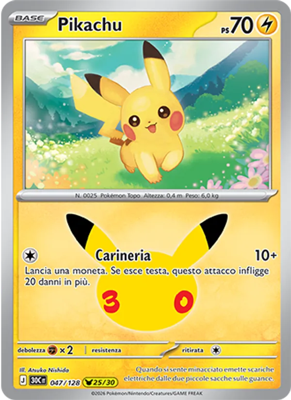 Carta Pikachu dell'espansione 30° Anniversario, numero 047/128