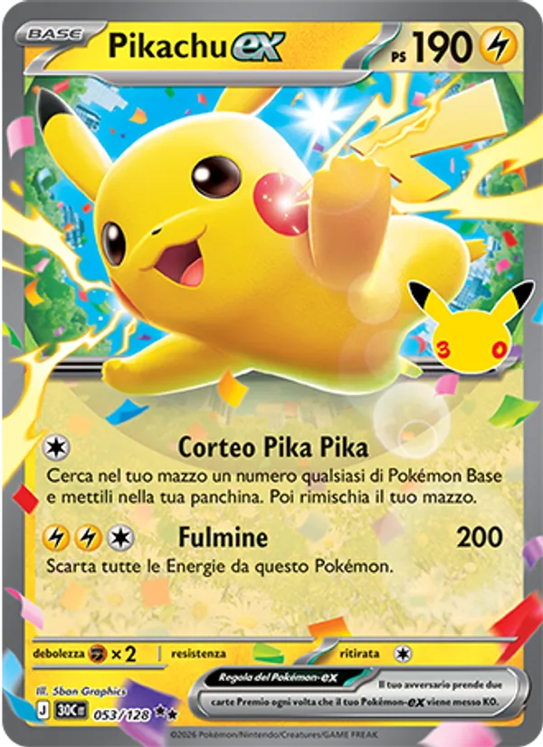 Carta Pikachu-ex dell'espansione 30° Anniversario, numero 053/128