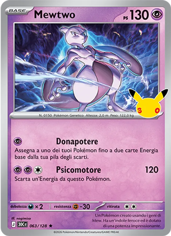Carta Mewtwo dell'espansione 30° Anniversario, numero 063/128