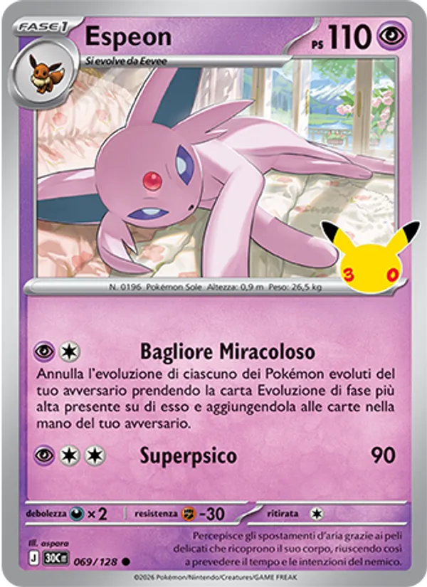 Carta Espeon dell'espansione 30° Anniversario, numero 069/128