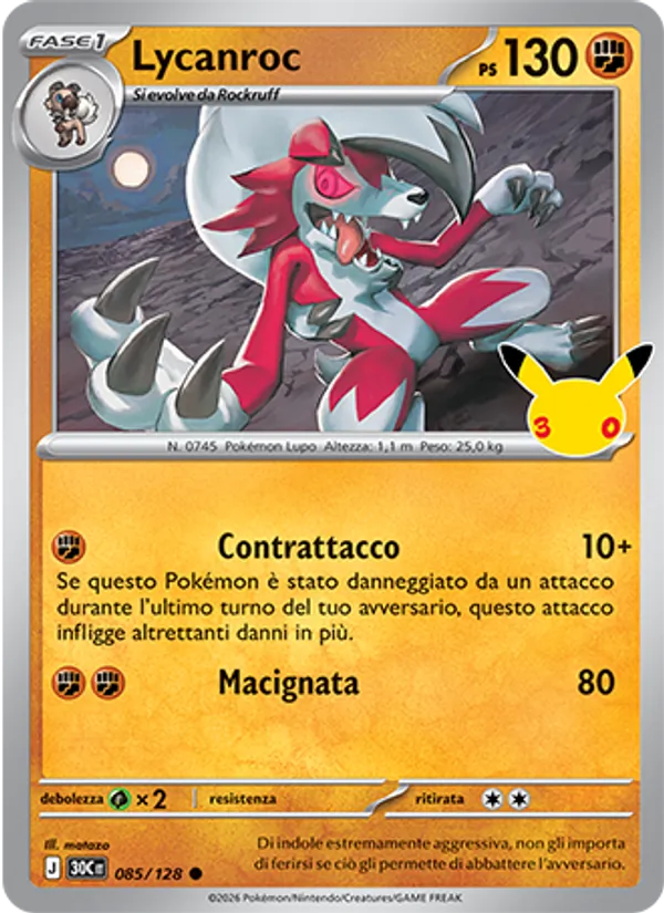 Carta Lycanroc dell'espansione 30° Anniversario, numero 085/128