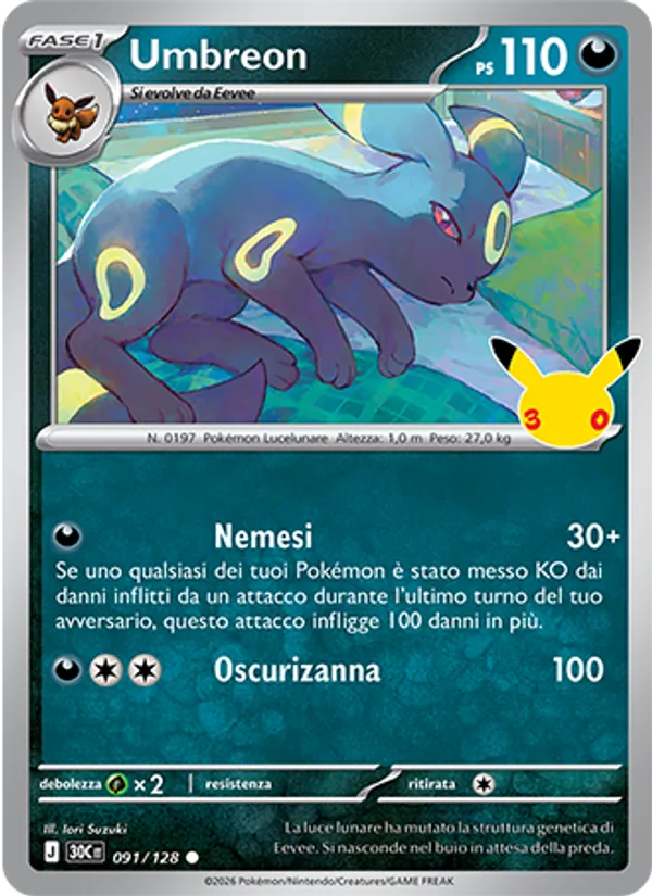 Carta Umbreon dell'espansione 30° Anniversario, numero 091/128