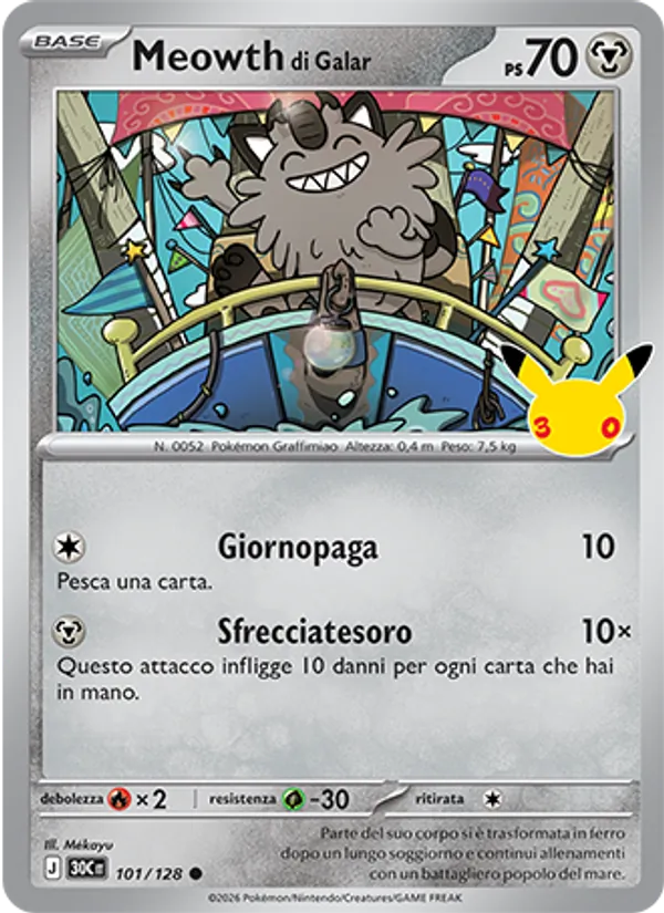 Carta Meowth di Galar dell'espansione 30° Anniversario, numero 101/128