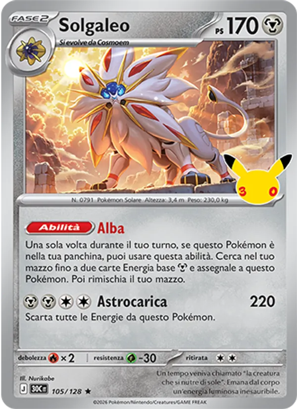 Carta Solgaleo dell'espansione 30° Anniversario, numero 105/128
