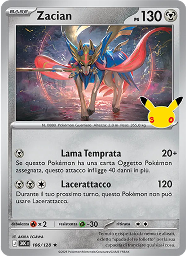 Carta Zacian dell'espansione 30° Anniversario, numero 106/128