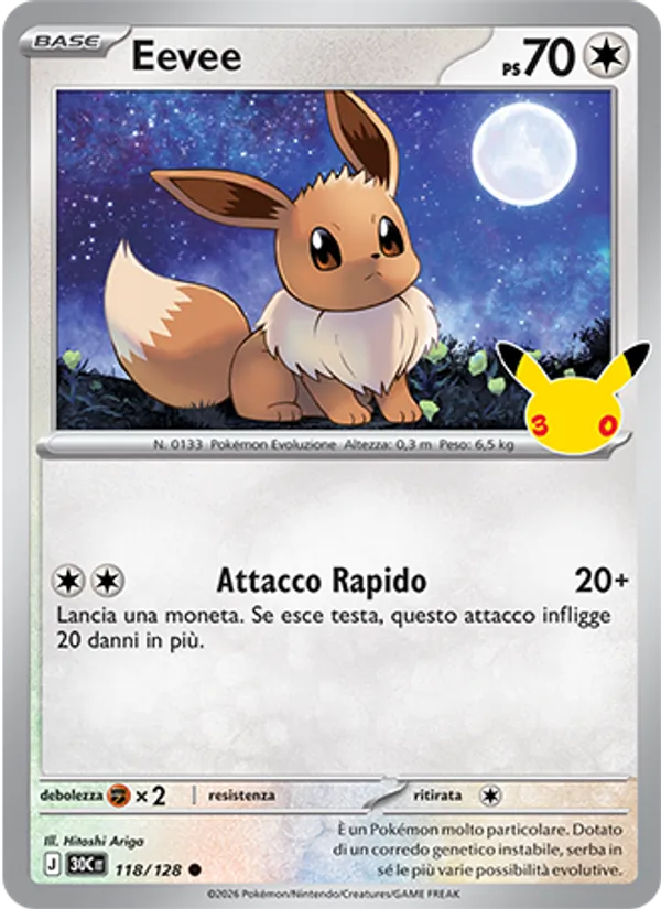 Carta Eevee dell'espansione 30° Anniversario, numero 118/128