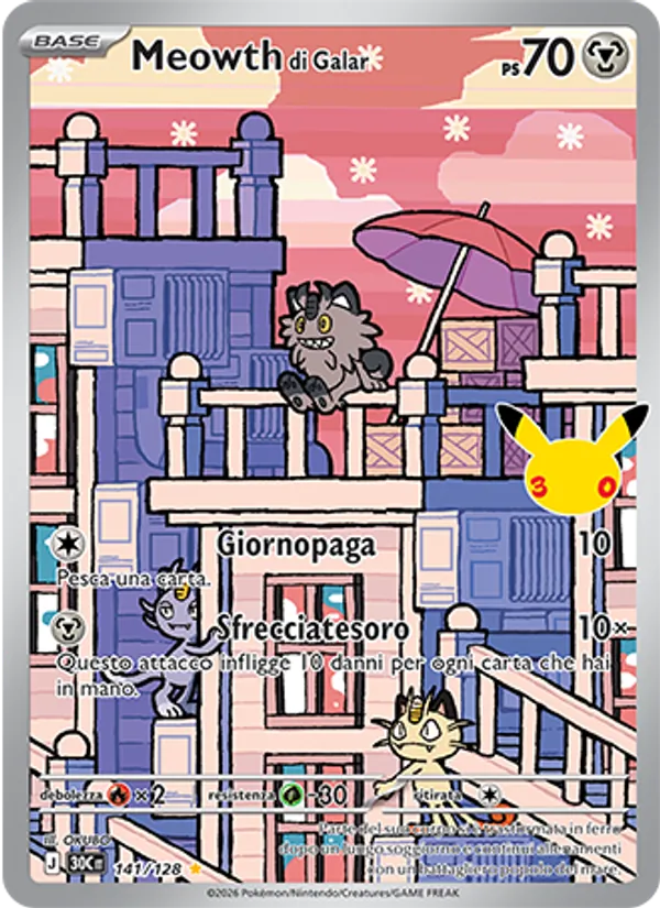 Carta Meowth di Galar dell'espansione 30° Anniversario, numero 141/128