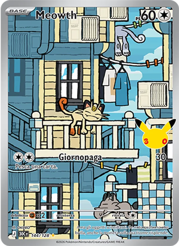 Carta Meowth dell'espansione 30° Anniversario, numero 144/128