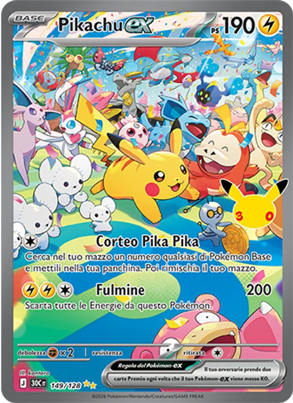 Carta Pikachu-ex dell'espansione 30° Anniversario, numero 149/128
