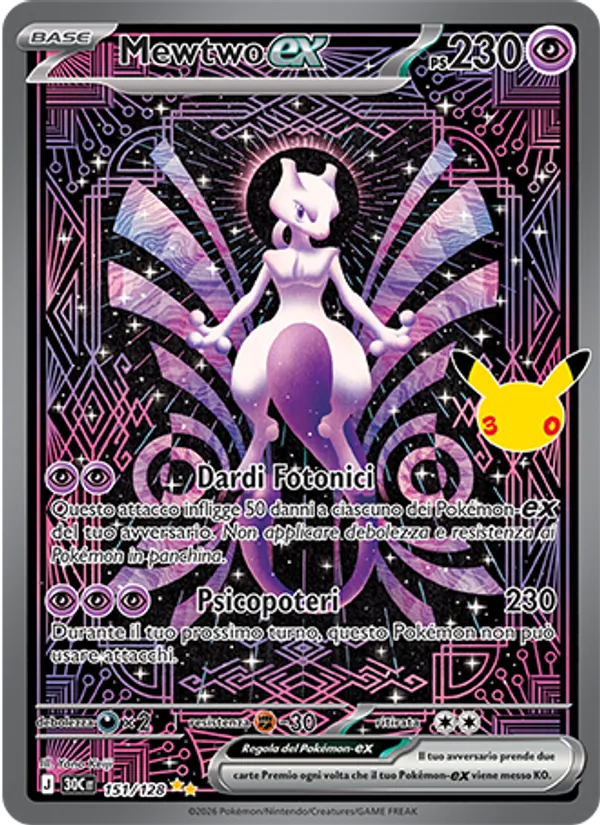 Carta Mewtwo-ex dell'espansione 30° Anniversario, numero 151/128