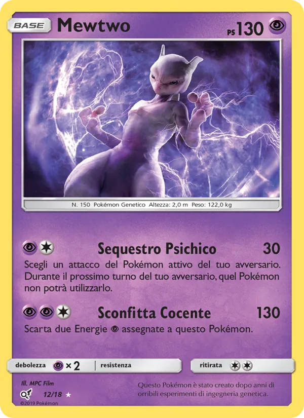 Carta Mewtwo dell'espansione Detective Pikachu, numero 12/18