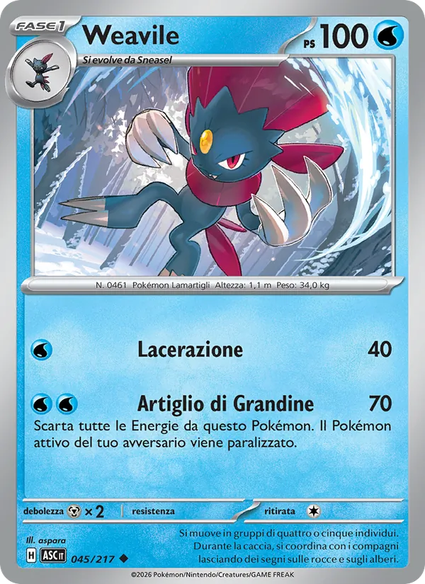 Carta Weavile dell'espansione Ascesa Eroica, numero 045/217
