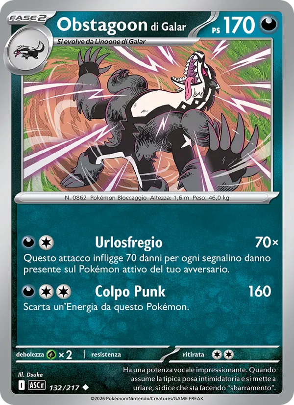 Carta Obstagoon di Galar dell'espansione Ascesa Eroica, numero 132/217