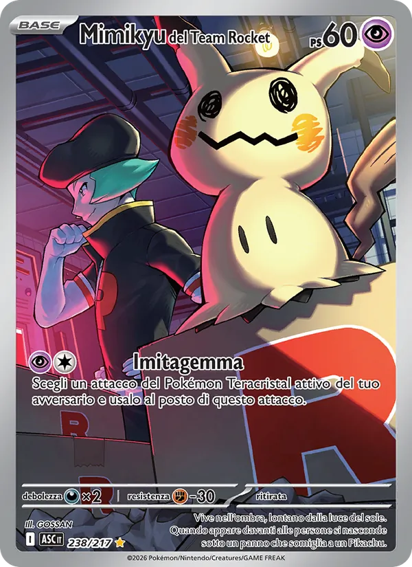 Carta Mimikyu del Team Rocket dell'espansione Ascesa Eroica, numero 238/217