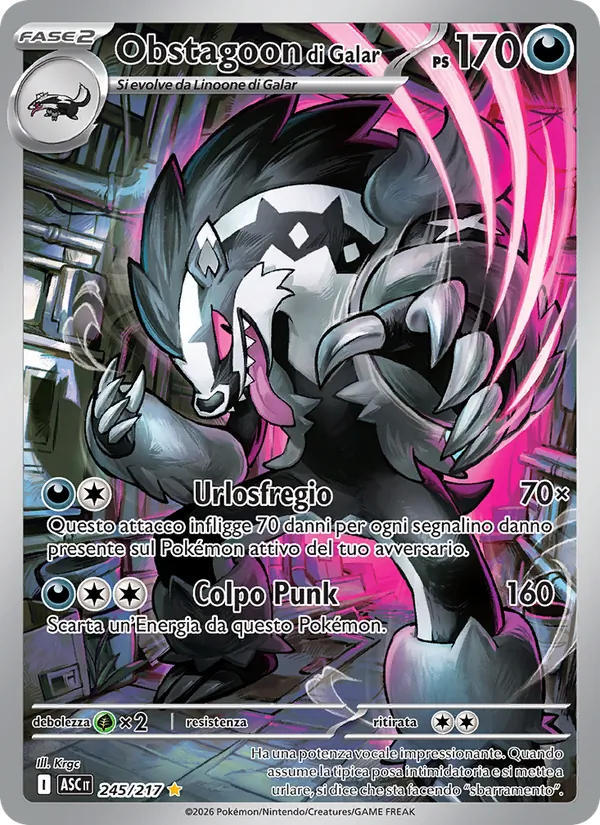 Carta Obstagoon di Galar dell'espansione Ascesa Eroica, numero 245/217