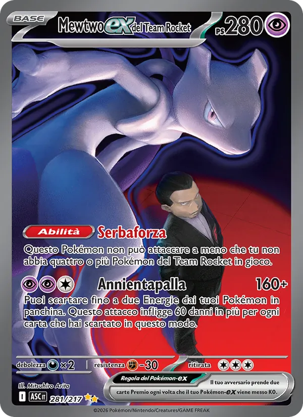 Carta Mewtwo-ex del Team Rocket dell'espansione Ascesa Eroica, numero 281/217