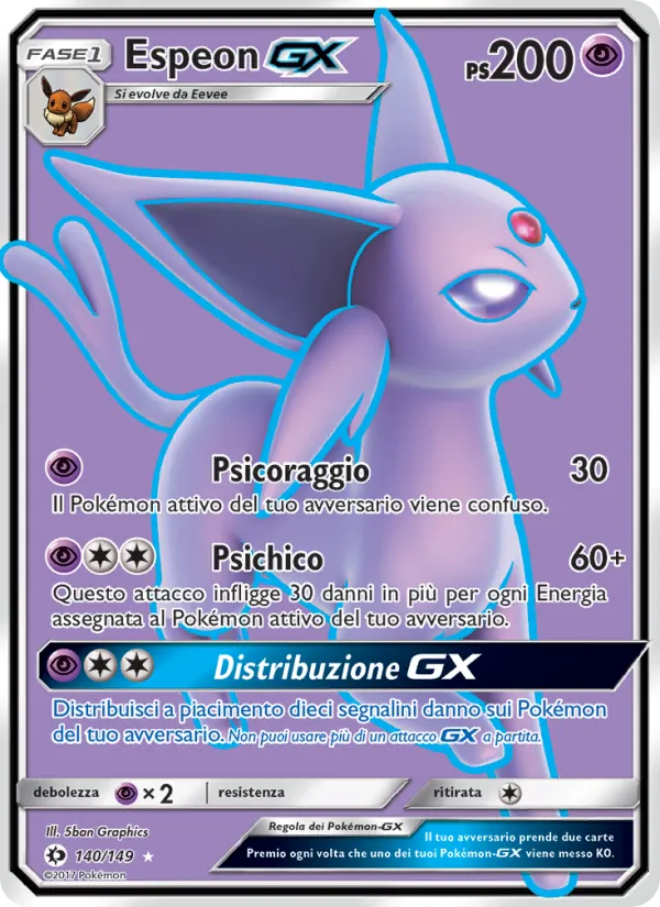 Carta Espeon GX dell'espansione Sole e Luna, numero 140/149