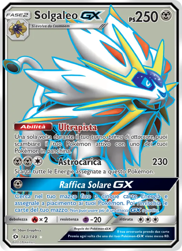 Carta Solgaleo GX dell'espansione Sole e Luna, numero 143/149