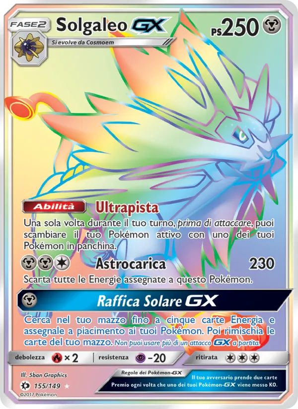 Carta Solgaleo GX dell'espansione Sole e Luna, numero 155/149