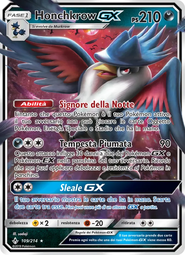 Carta Honchkrow GX dell'espansione Legami Inossidabili, numero 109/214