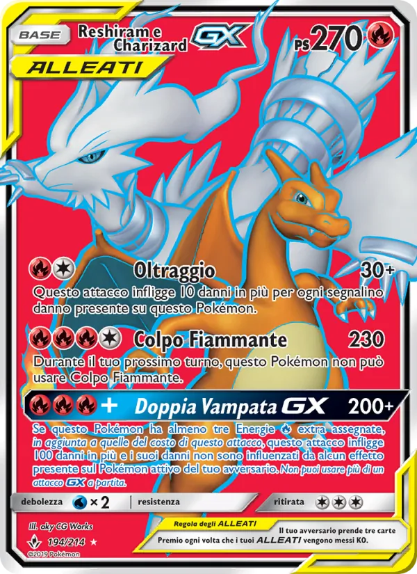Carta Reshiram e Charizard GX dell'espansione Legami Inossidabili, numero 194/214