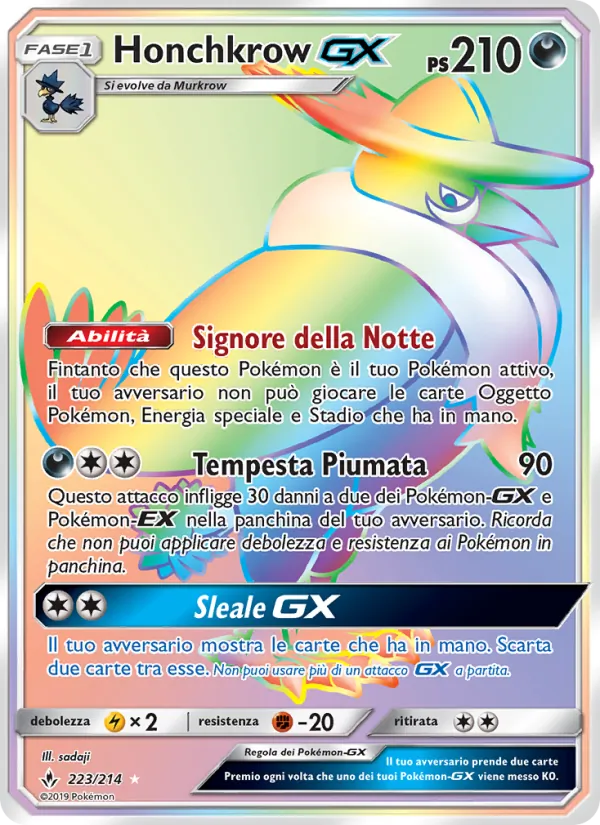 Carta Honchkrow GX dell'espansione Legami Inossidabili, numero 223/214
