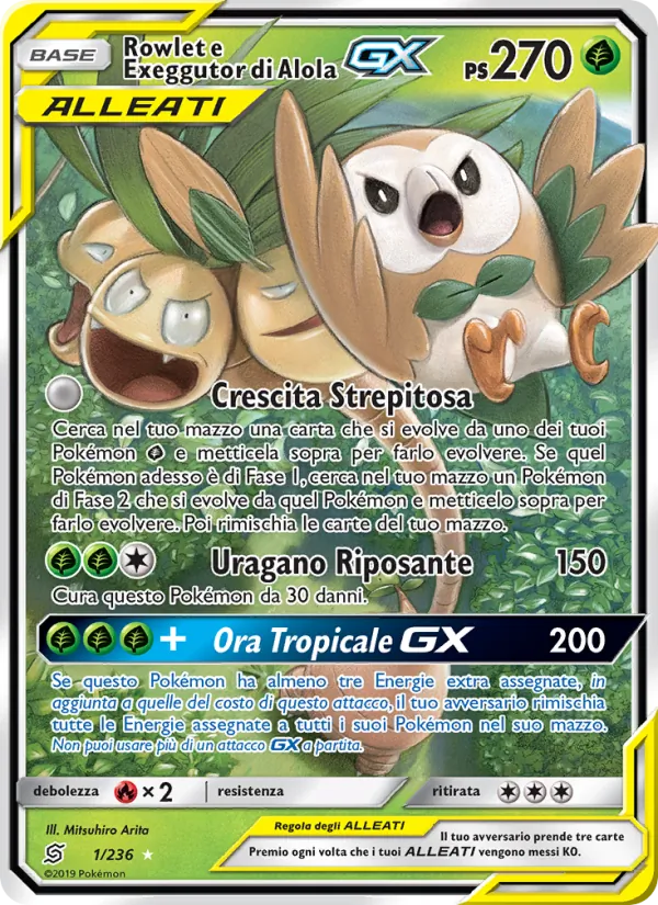Carta Rowlet e Exeggutor di Alola GX dell'espansione Sintonia Mentale, numero 1/236