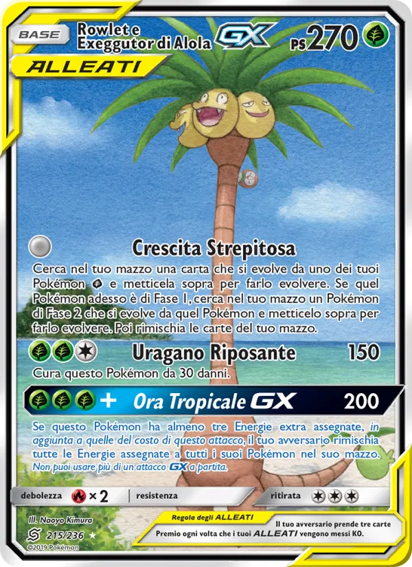 Carta Rowlet e Exeggutor di Alola GX dell'espansione Sintonia Mentale, numero 215/236