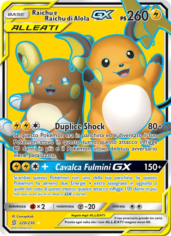 Carta Raichu e Raichu di Alola GX dell'espansione Sintonia Mentale, numero 220/236