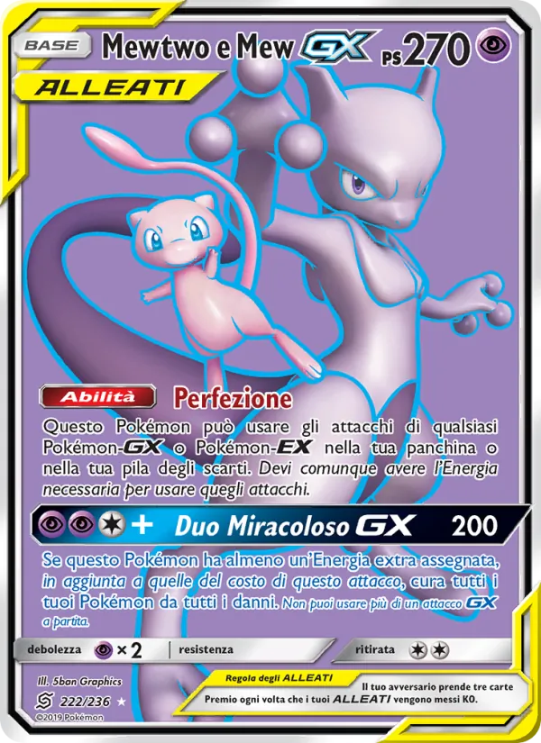 Carta Mewtwo e Mew GX dell'espansione Sintonia Mentale, numero 222/236