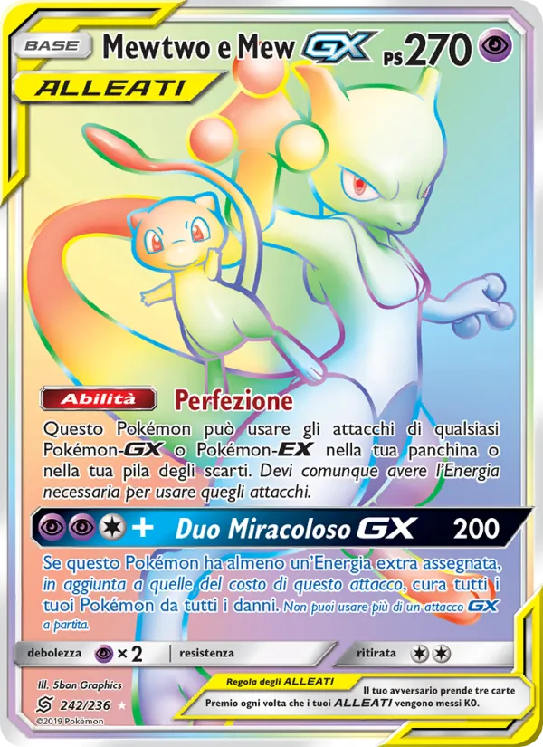 Carta Mewtwo e Mew GX dell'espansione Sintonia Mentale, numero 242/236