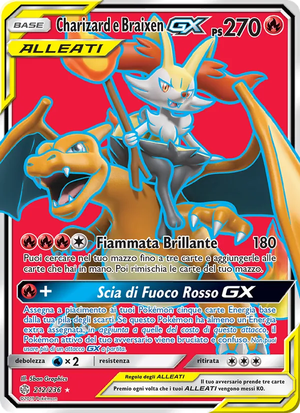 Carta Charizard e Braixen GX dell'espansione Eclissi Cosmica, numero 212/236