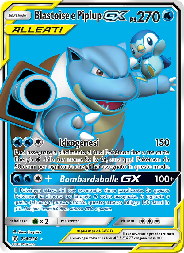 Carta Blastoise e Piplup GX dell'espansione Eclissi Cosmica, numero 214/236