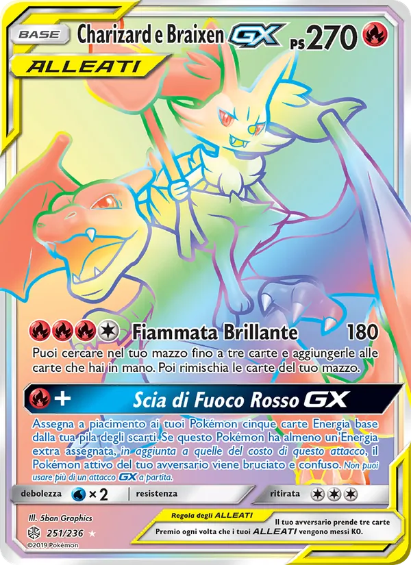 Carta Charizard e Braixen GX dell'espansione Eclissi Cosmica, numero 251/236