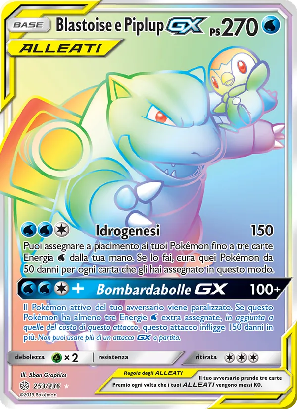 Carta Blastoise e Piplup GX dell'espansione Eclissi Cosmica, numero 253/236