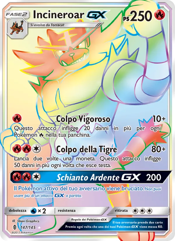 Carta Incineroar GX dell'espansione Guardiani Nascenti, numero 147/145