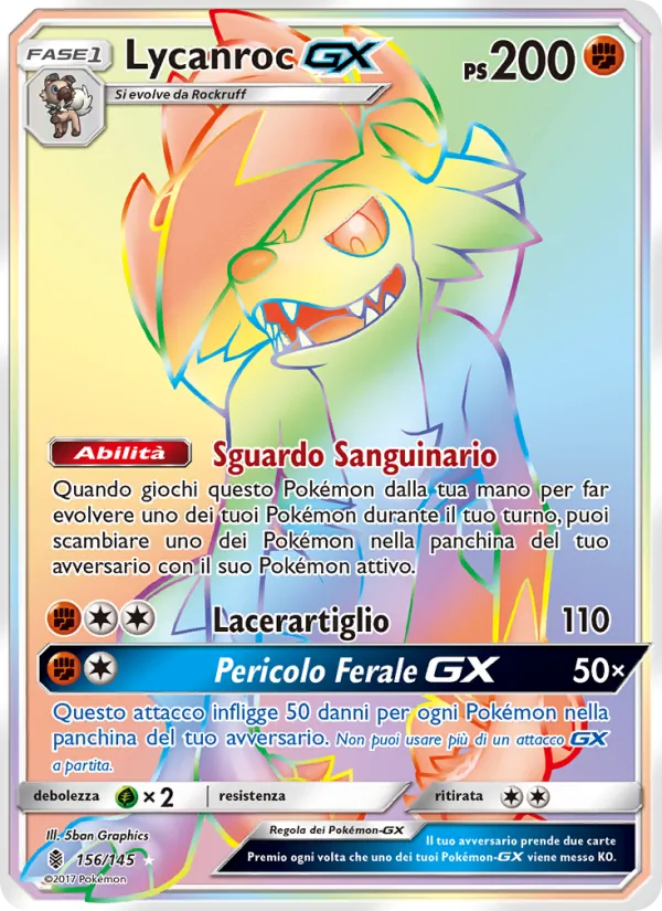 Carta Lycanroc GX dell'espansione Guardiani Nascenti, numero 156/145