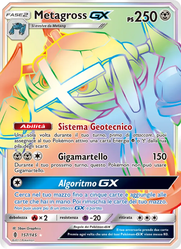 Carta Metagross GX dell'espansione Guardiani Nascenti, numero 157/145