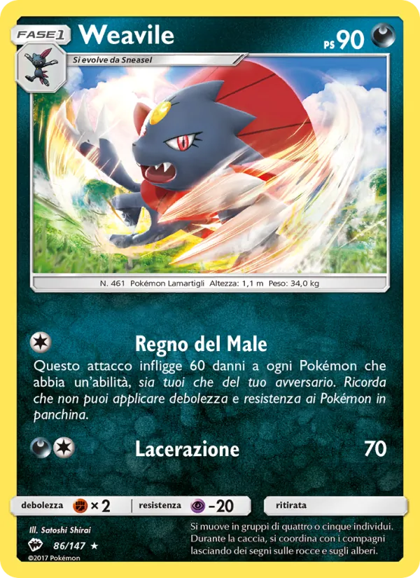 Carta Weavile dell'espansione Ombre Infuocate, numero 86/147