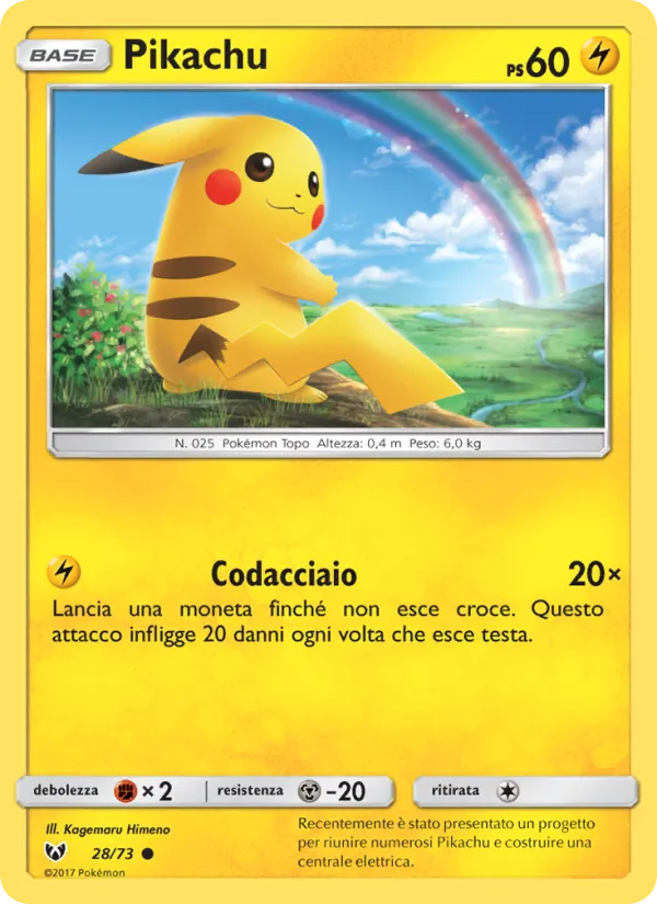 Carta Pikachu dell'espansione Leggende Iridescenti, numero 28/73